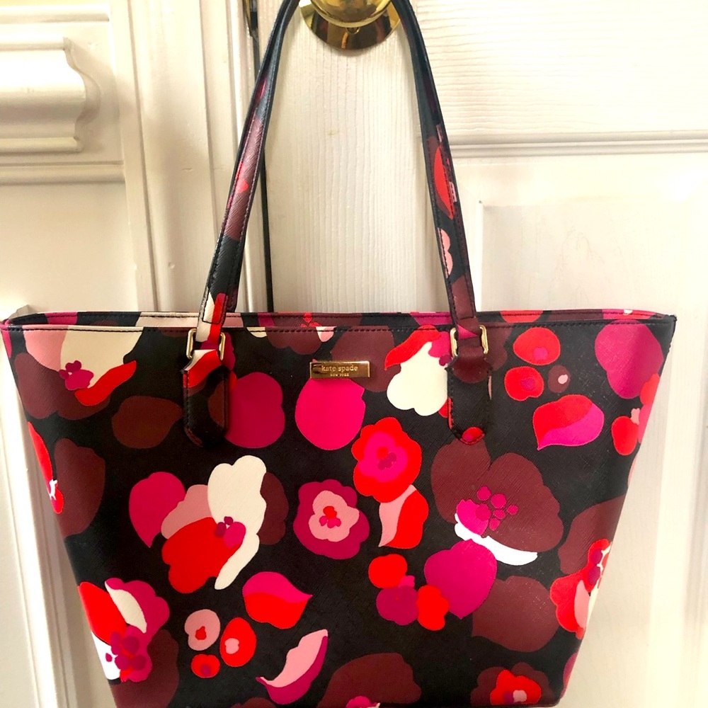 Kate Spade purse - black with red pink and white flower print